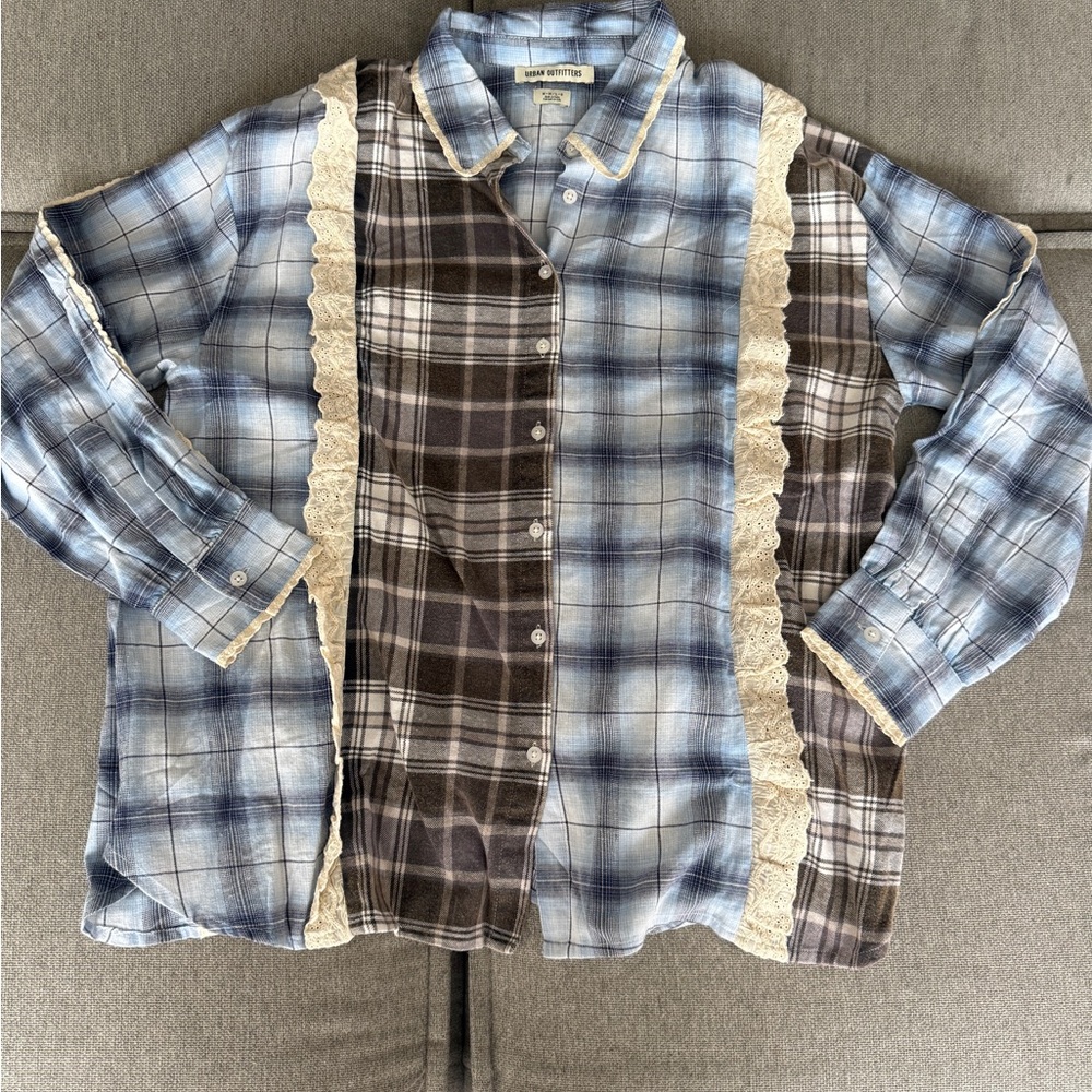 Urban Outfitters Blue Plaid Mixed-Panel Button-Down with Lace Trim